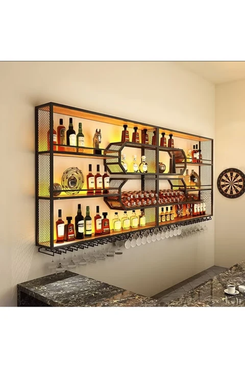 KC-0261 Metal Yüzer Şarap ve Kadeh Rafı, MDF Raflı Tasarım, Şaraplık 200cm