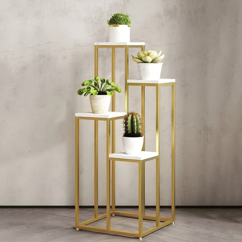 KC-0132 4-Katlı Kare MDF Bitki Standı, Altın/Beyaz