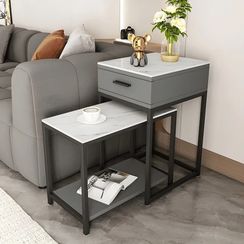 ZGN84017 Modern Çekmeceli MDF Üst Tablalı Metal Ayaklı Yan Sehpa