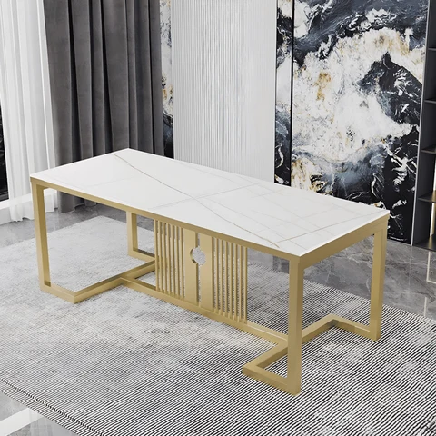 YMK6811 Modern Glam Dikdörtgen Yemek Masası, MDF Tabla, Altın Ayaklı