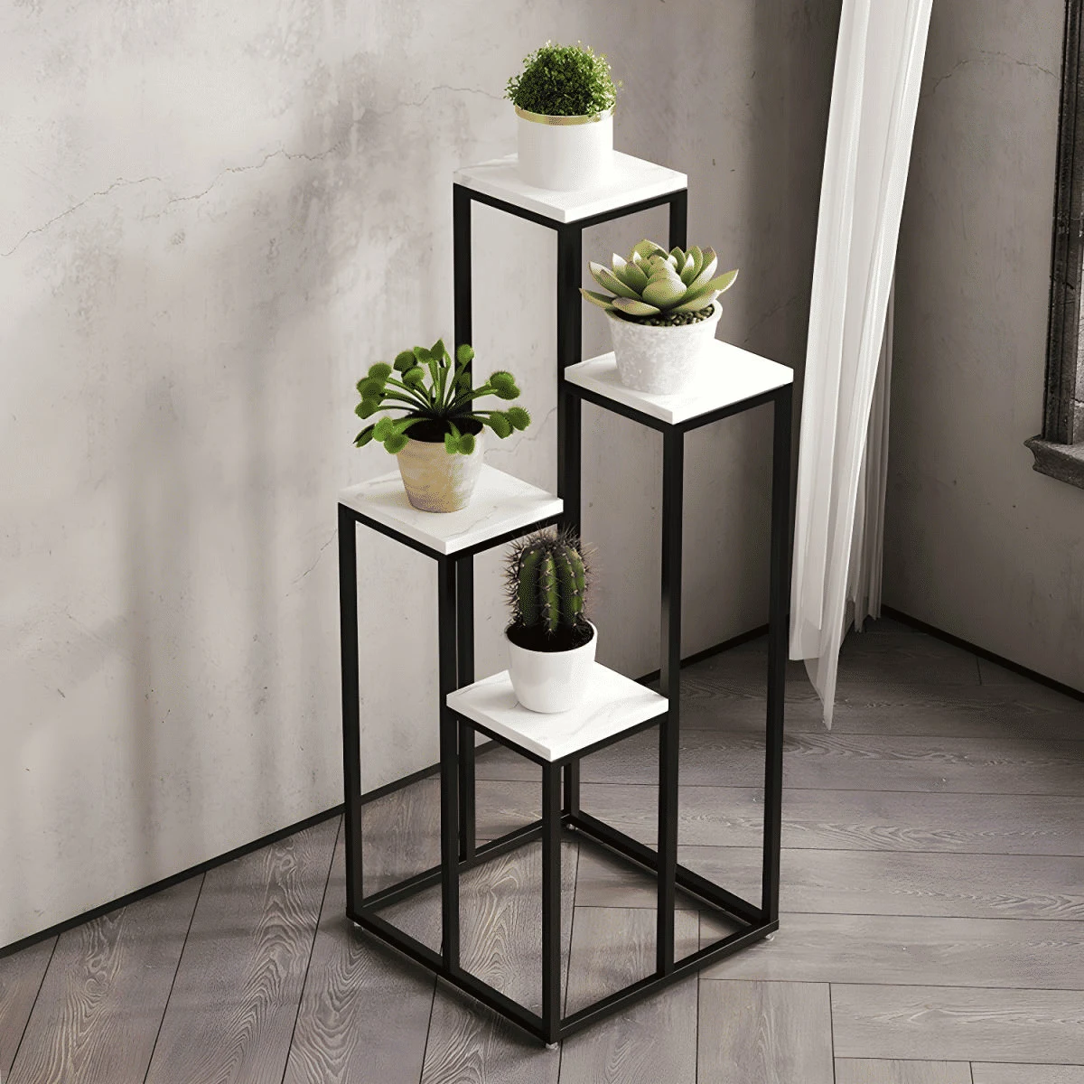 KC-0132 4-Katlı Kare MDF Bitki Standı, Altın/Beyaz