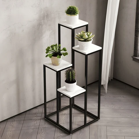 KC-0132 4-Katlı Kare MDF Bitki Standı, Altın/Beyaz