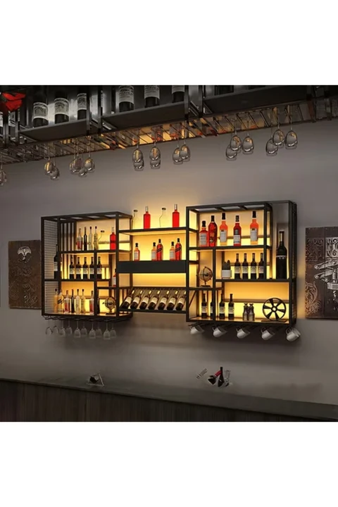 KC-0263 Metal Yüzer Şarap Şişesi ve Kadeh Rafı, Şaraplık
