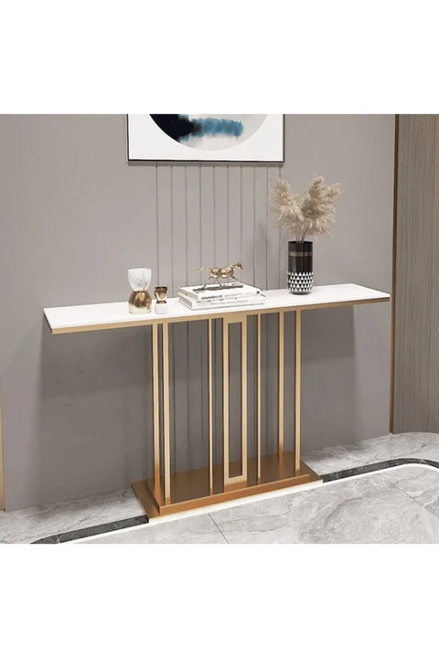 KC-0193 Modern Dikdörtgen Beyaz MDF Konsol Masa, Zarif Geometrik Tabanlı