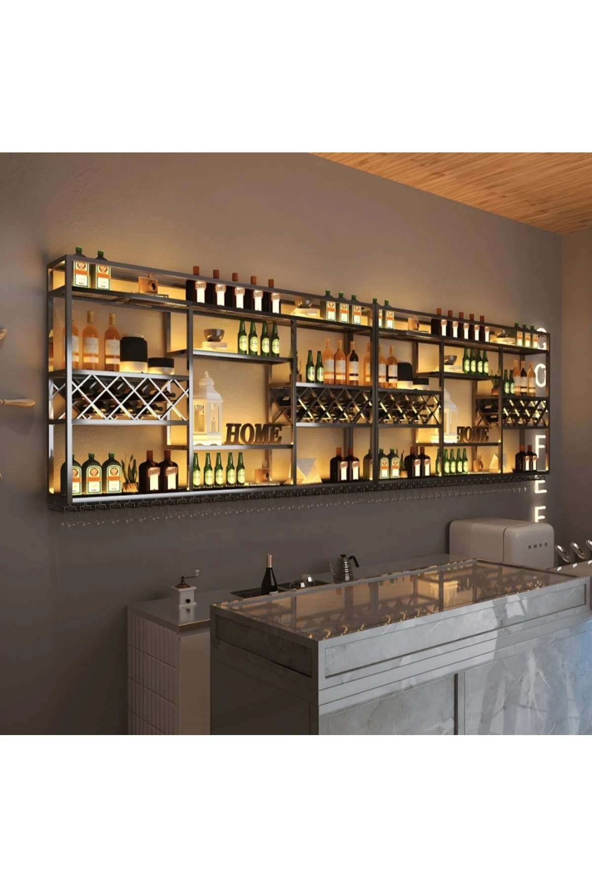 KC-0252 Endüstriyel Metal Duvara Monte Şarap Rafı Cafe Bar Otel Şaraplık