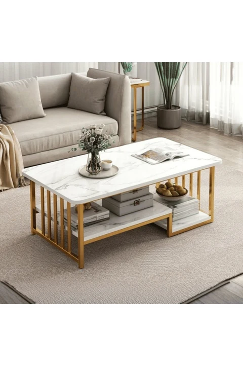 KC-0177 Geometrik MDF Tabla Orta Sehpa, Depolama Alanlı, Beyaz, 100x50x42cm
