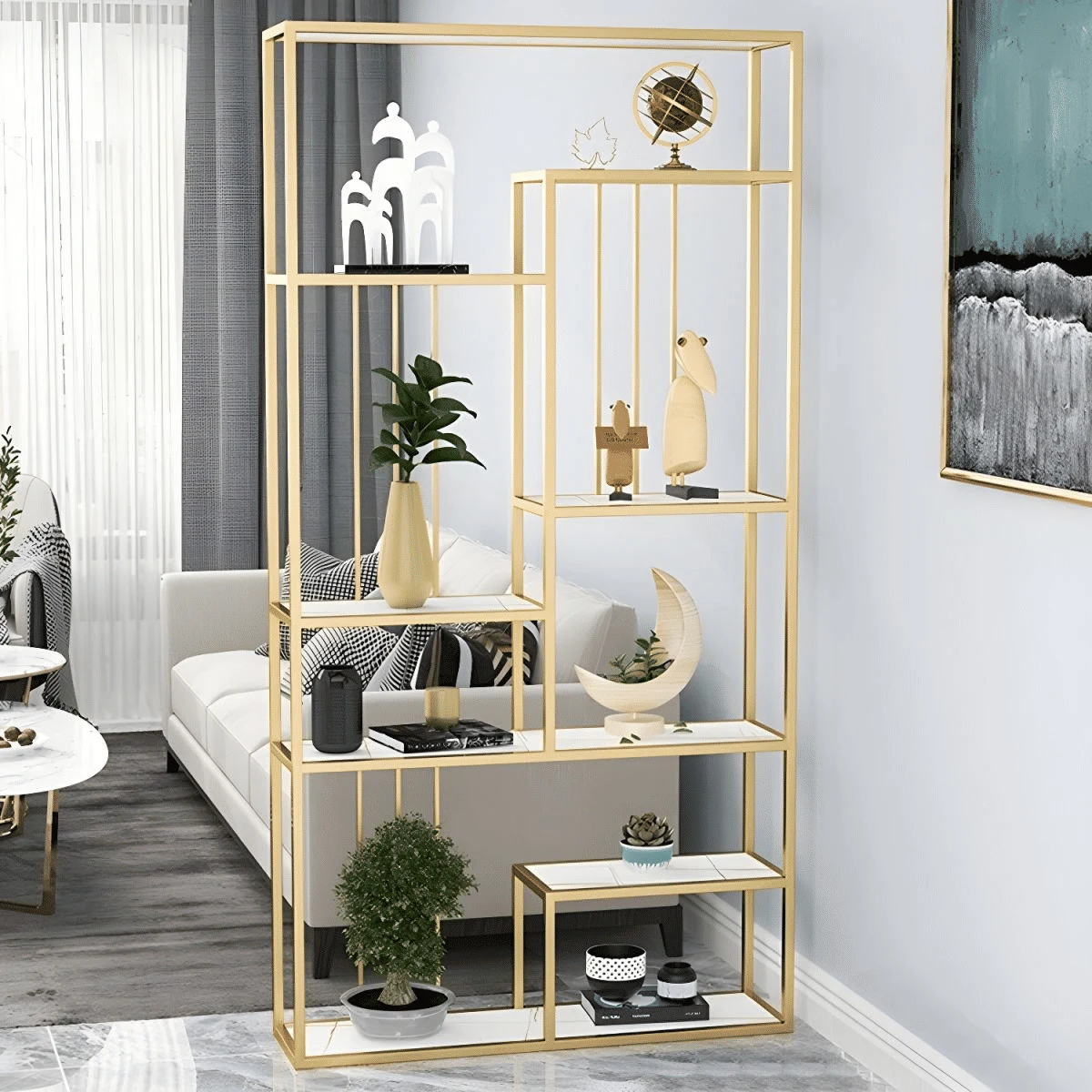 KC-0232 Metal Ayaklı MDF Raflı Geometrik Tasarım Kitaplık