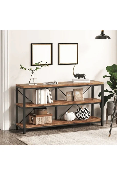 KC-0199 Endüstriyel Metal Çerçeveli MDF Konsol Masası, 2 Raflı