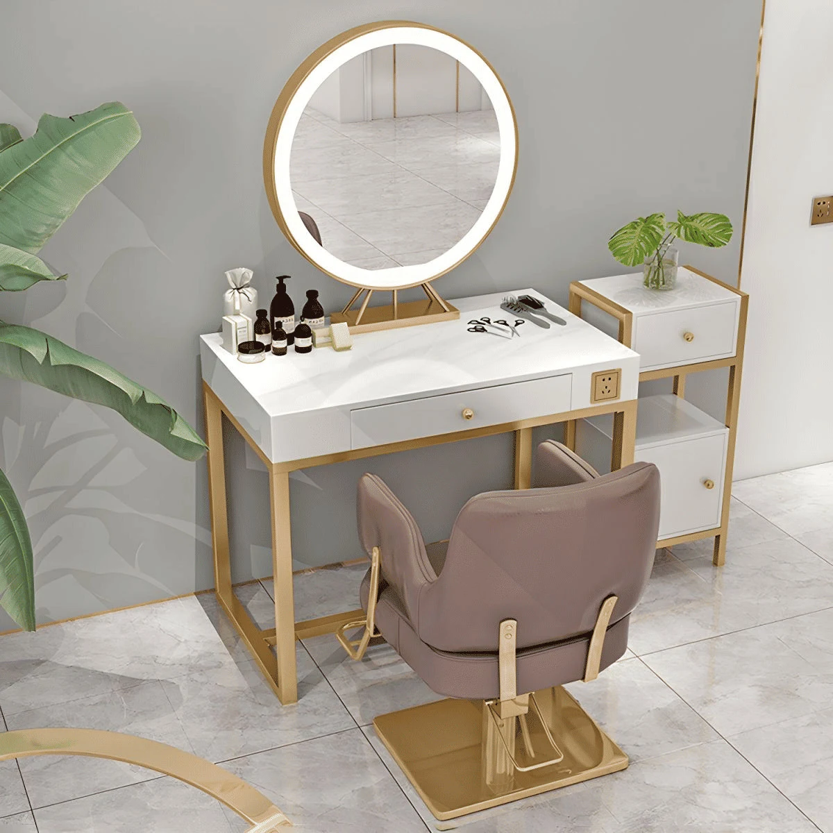 KC-0110 Metal Güzellik Salon İstasyonu, Aynalı ve Işıklı, Saklama Çekmeceli