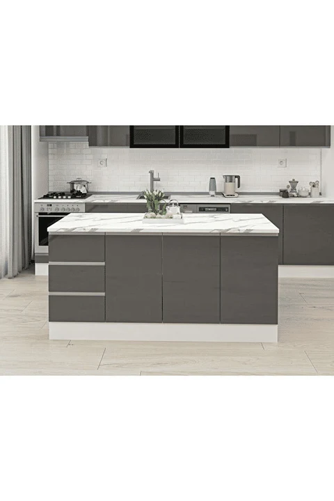 ADA8016 Beyaz Antrasit MDF Ada Mutfak Dolabı 180 cm