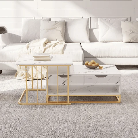 SHP7762 Modern Beyaz İkili Zigon Sehpa Metal Orta Sehpa