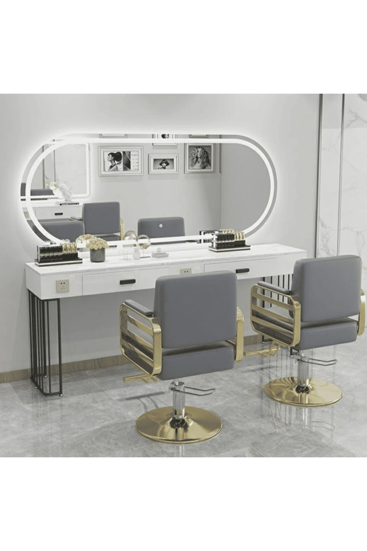 KC-0109 Modern Metal Kuaför Çalışma İstasyonu, MDF Tezgahlı, Çekmeceli