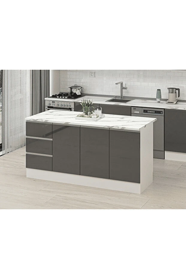 ADA8016 Beyaz Antrasit MDF Ada Mutfak Dolabı 180 cm