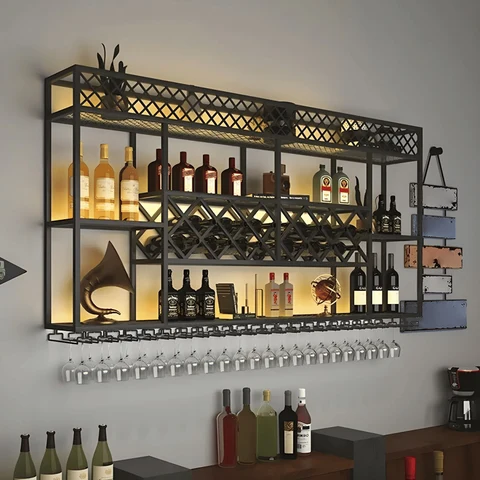 Endüstriyel Duvar Tipi Şaraplık, Raflı ve Aydınlatmalı 4 Parçalı Set