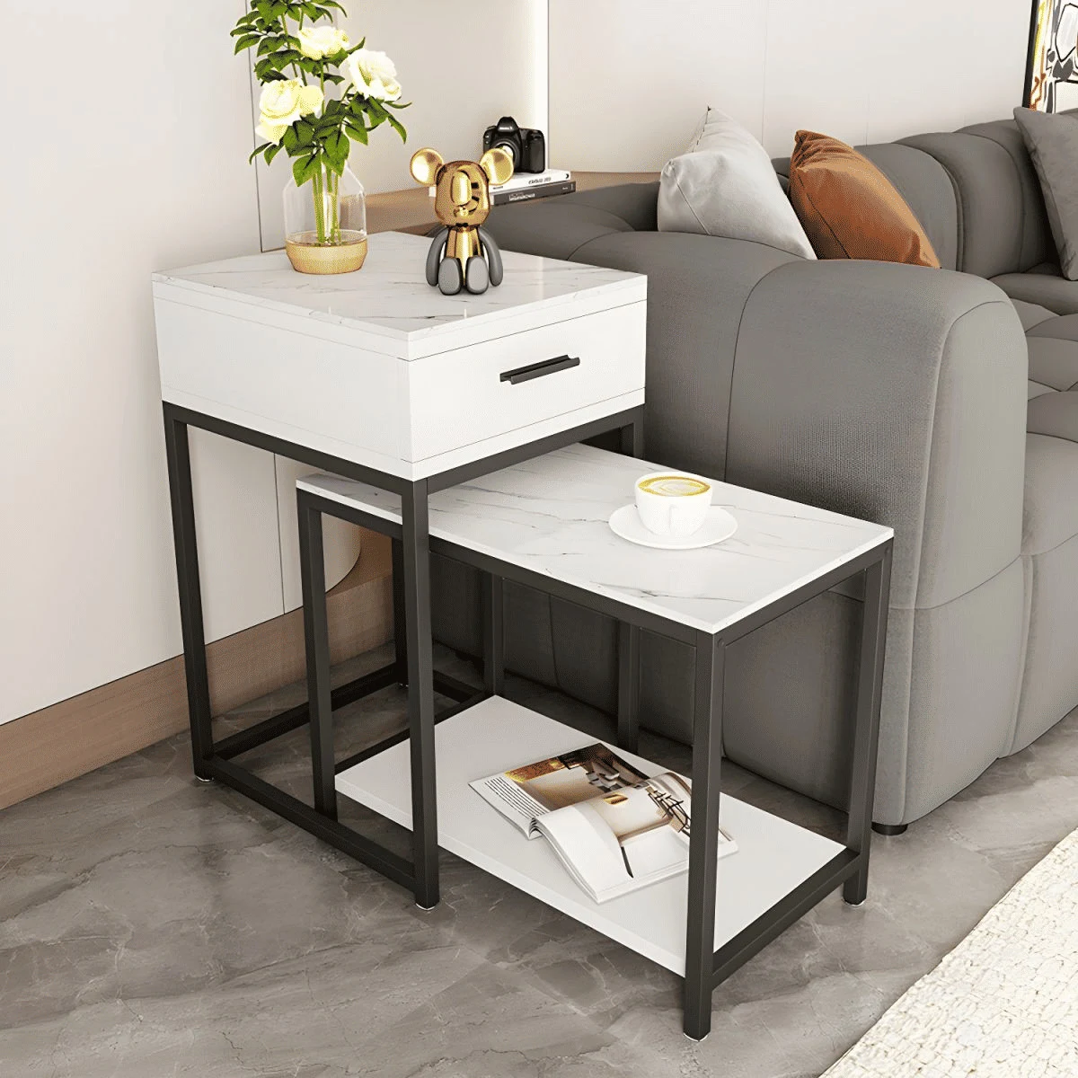 ZGN84017 Modern Çekmeceli MDF Üst Tablalı Metal Ayaklı Yan Sehpa