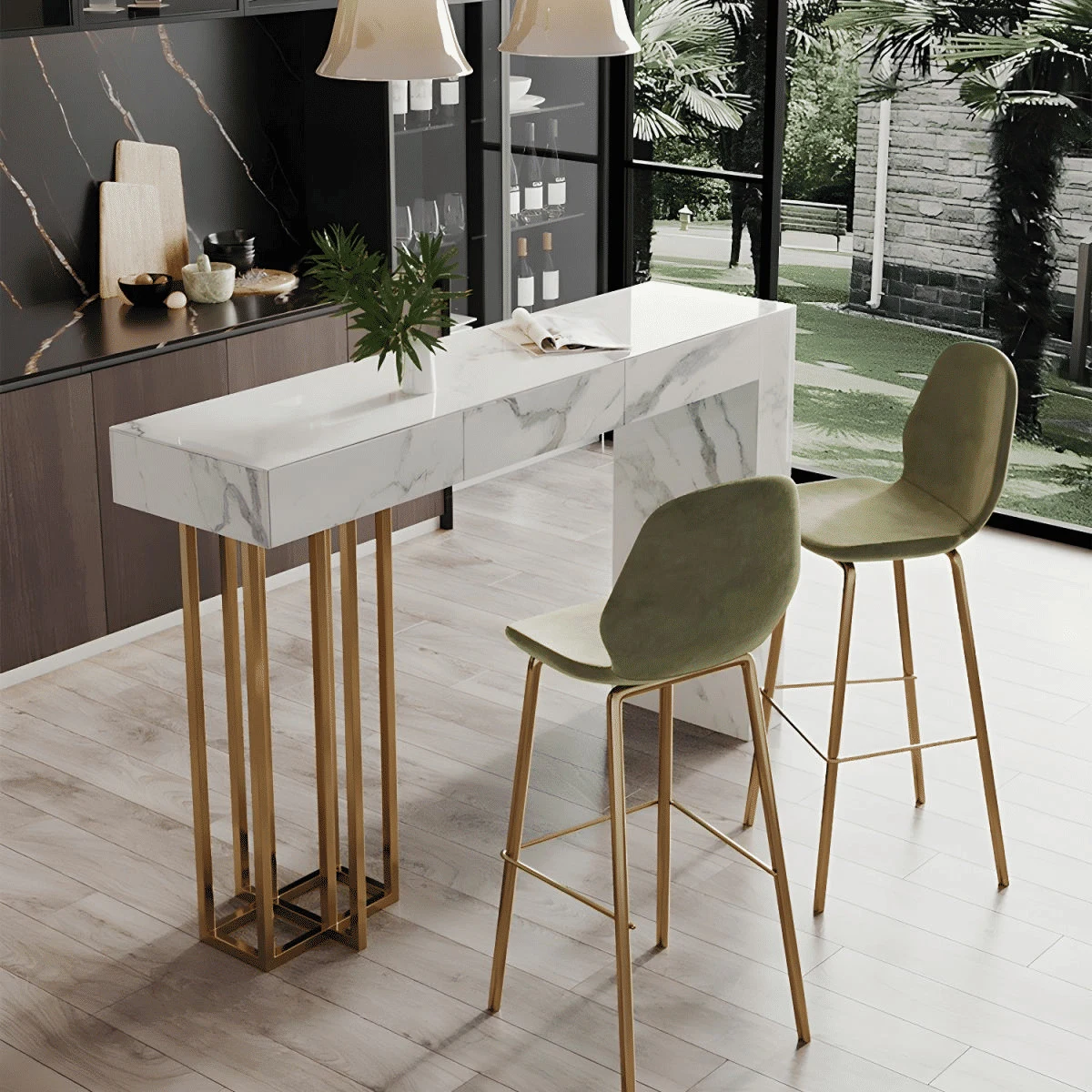 KC-0218 Metal Ayaklı MDF Bar Tezgahı, Altın Çerçeve, Mutfak Adası