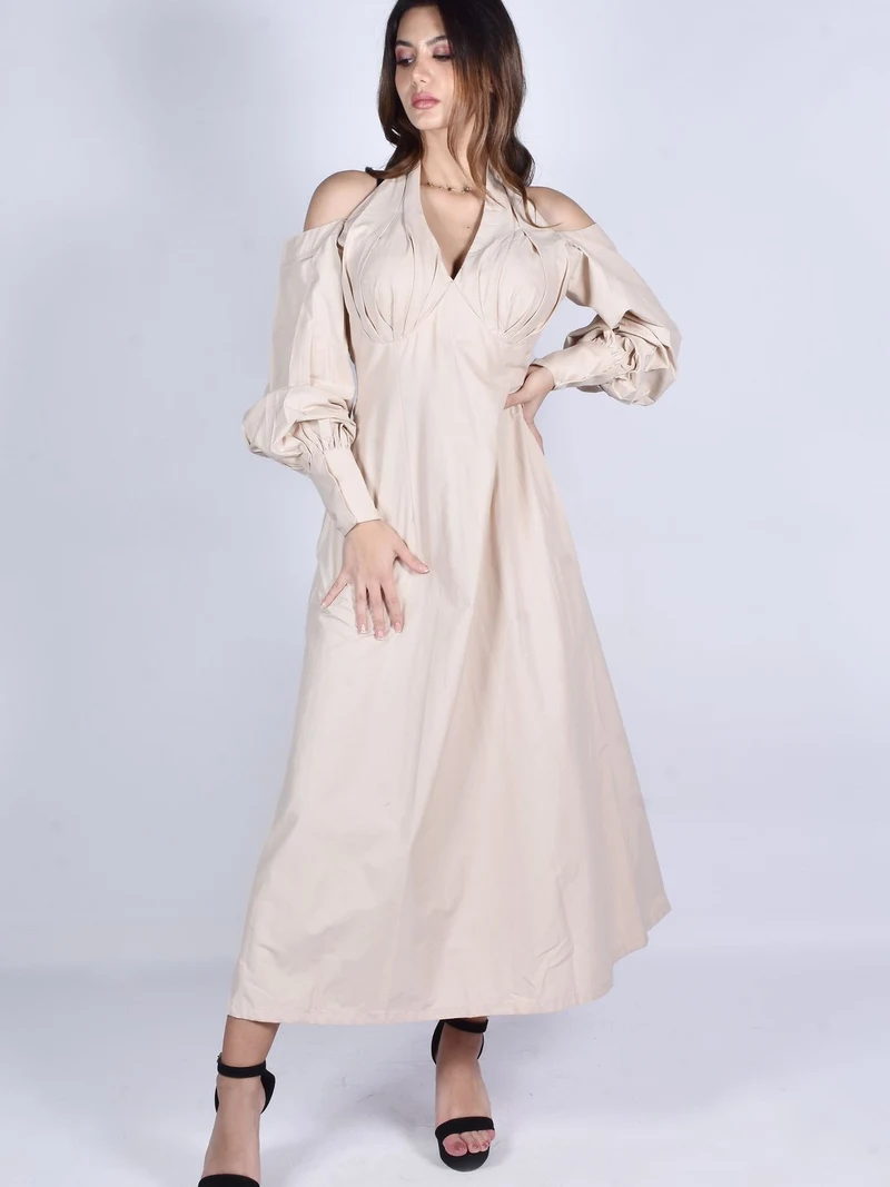 Poplin Maxi Elbise, Ekru