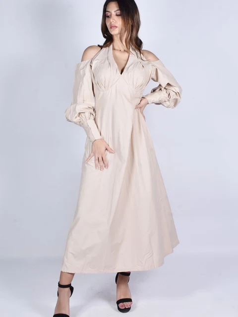 Poplin Maxi Elbise, Ekru 1