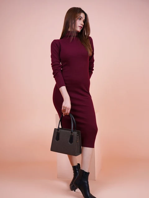 Balıkçı Yaka Örme Elbise, Bordo 1