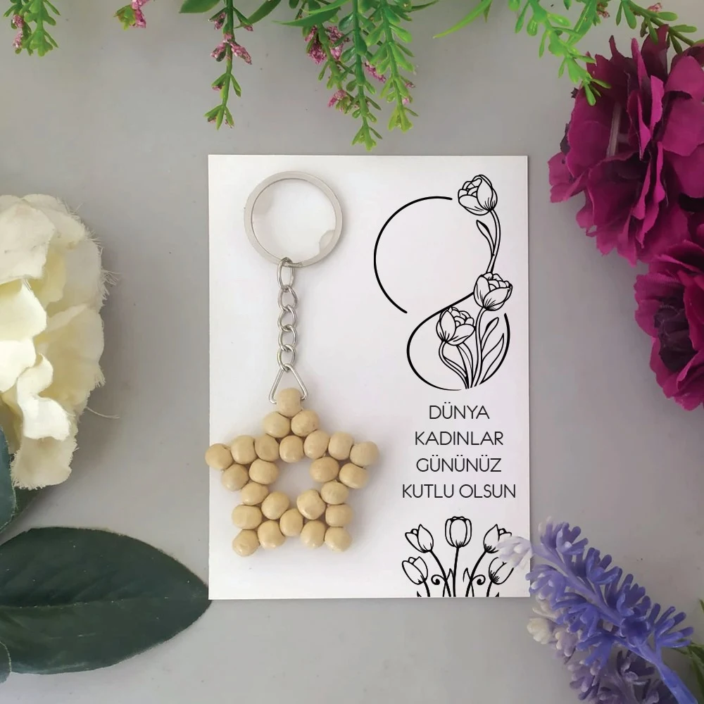 Kadınlar Günü Tema Ahşap Yıldız Anahtarlık
