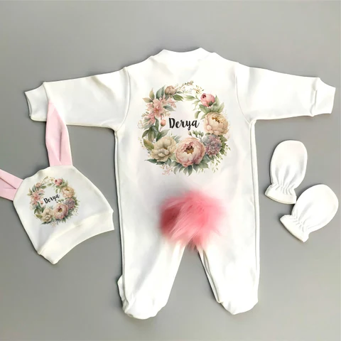 Çiçek Tema 3'lü Tavşan Tulum Set